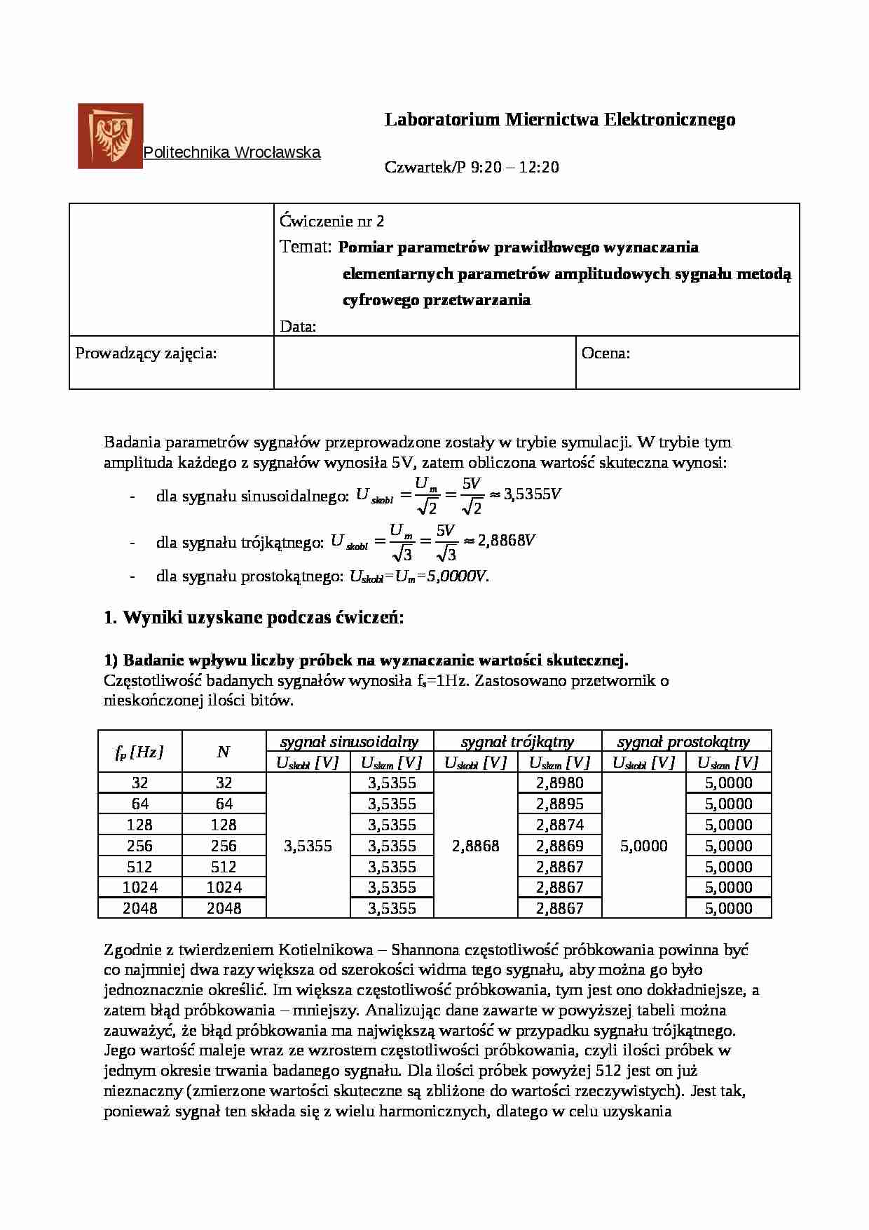 Pomiar parametrów prawidłowego wyznaczania elementarnych parametrów amplitudowych - wykład - strona 1