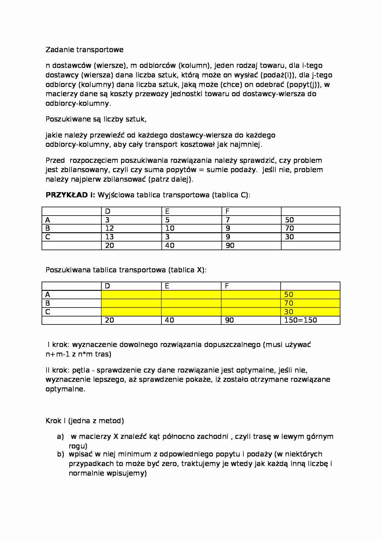 Badania operacyjne - Zadanie transportowe  - strona 1