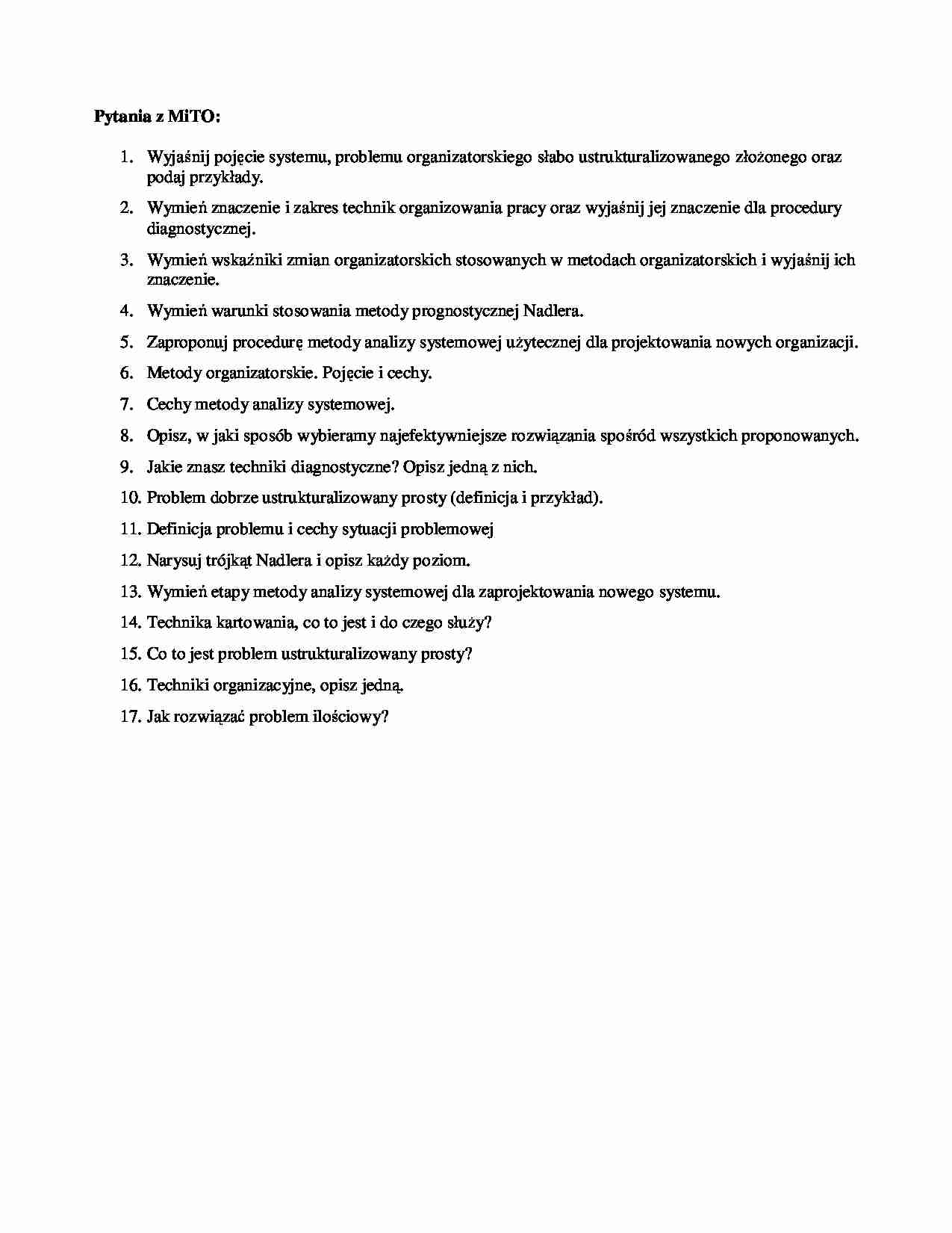 metody i techniki organizatorskie - pytania zaliczeniowe - strona 1