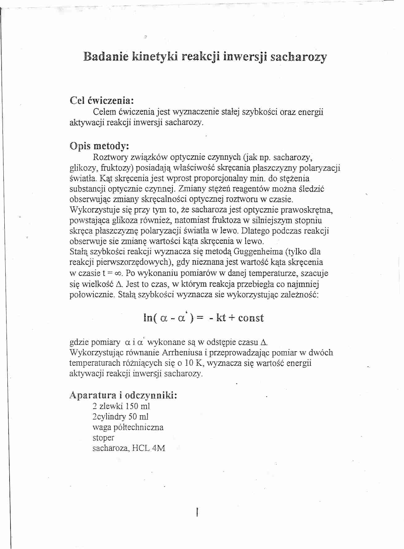 Inwersja sacharozy- instrukcje laboratoryjne - strona 1