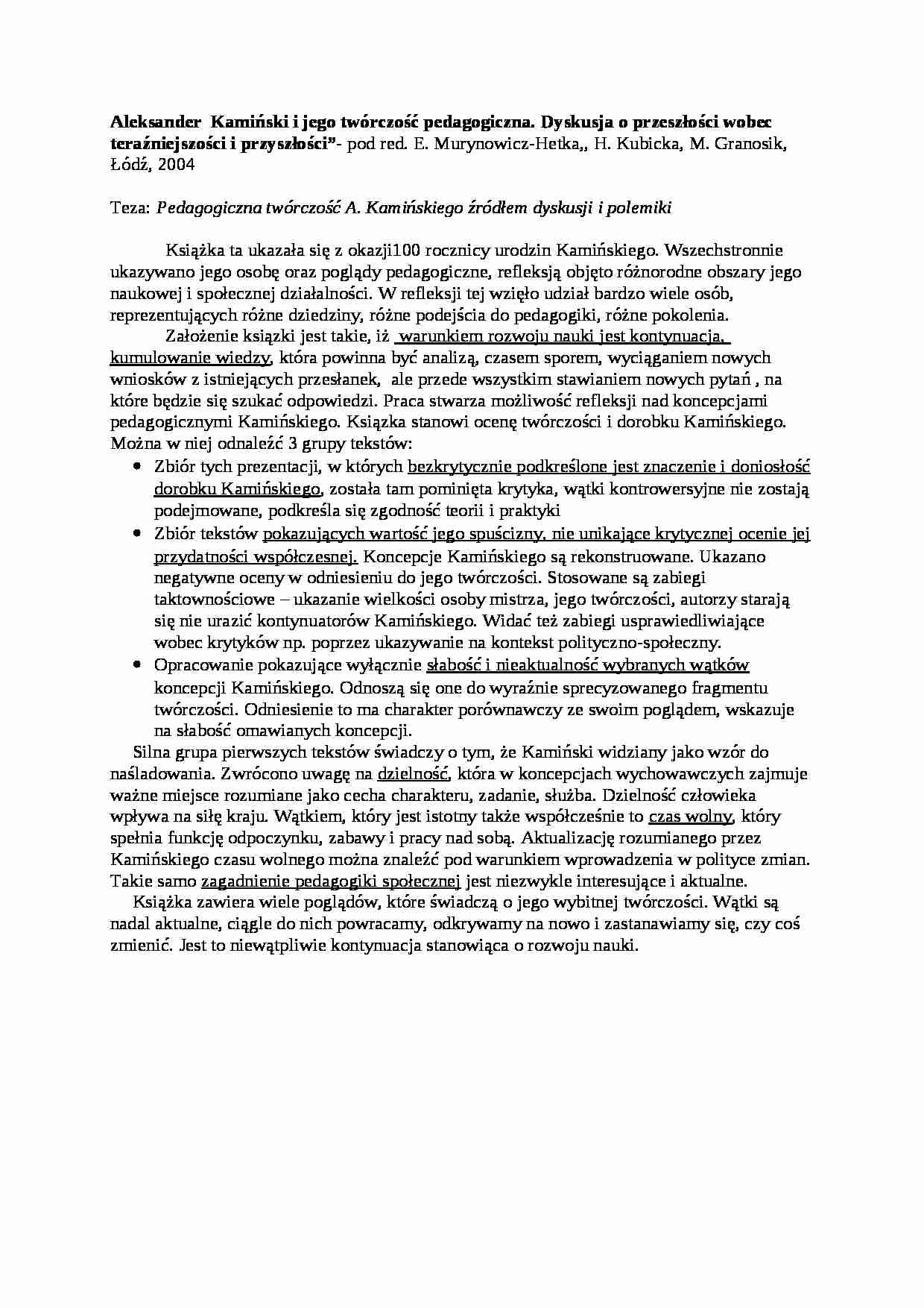 Pedagogiczna twórczość A. Kamińskiego żródłem dyskusji i polemiki-opracowanie - strona 1