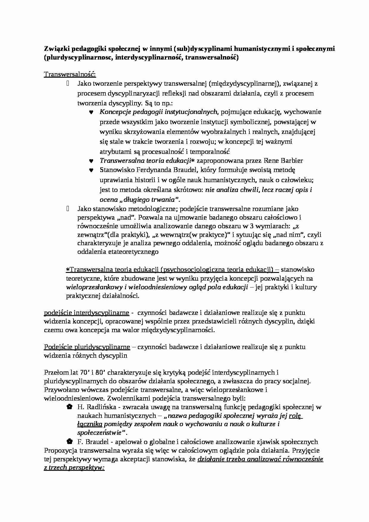 Związki pedagogiki społecznej w innymi (sub)dyscyplinami humanistycznymi i społecznymi-opracowanie - strona 1