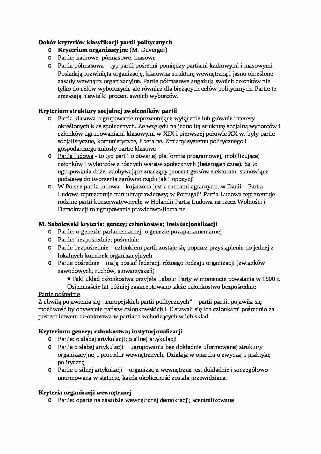Dobór kryteriów klasyfikacji partii politycznych-opracowanie - strona 1