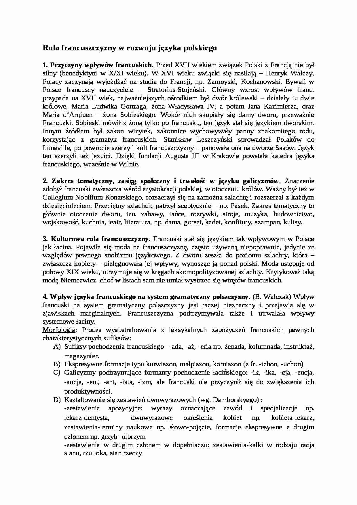 Rola francuszczyzny w rozwoju języka polskiego-opracowanie - strona 1