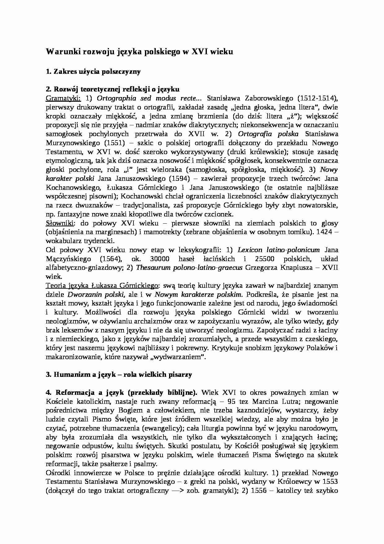 Warunki rozwoju języka polskiego w XVI wieku-opracowanie - strona 1