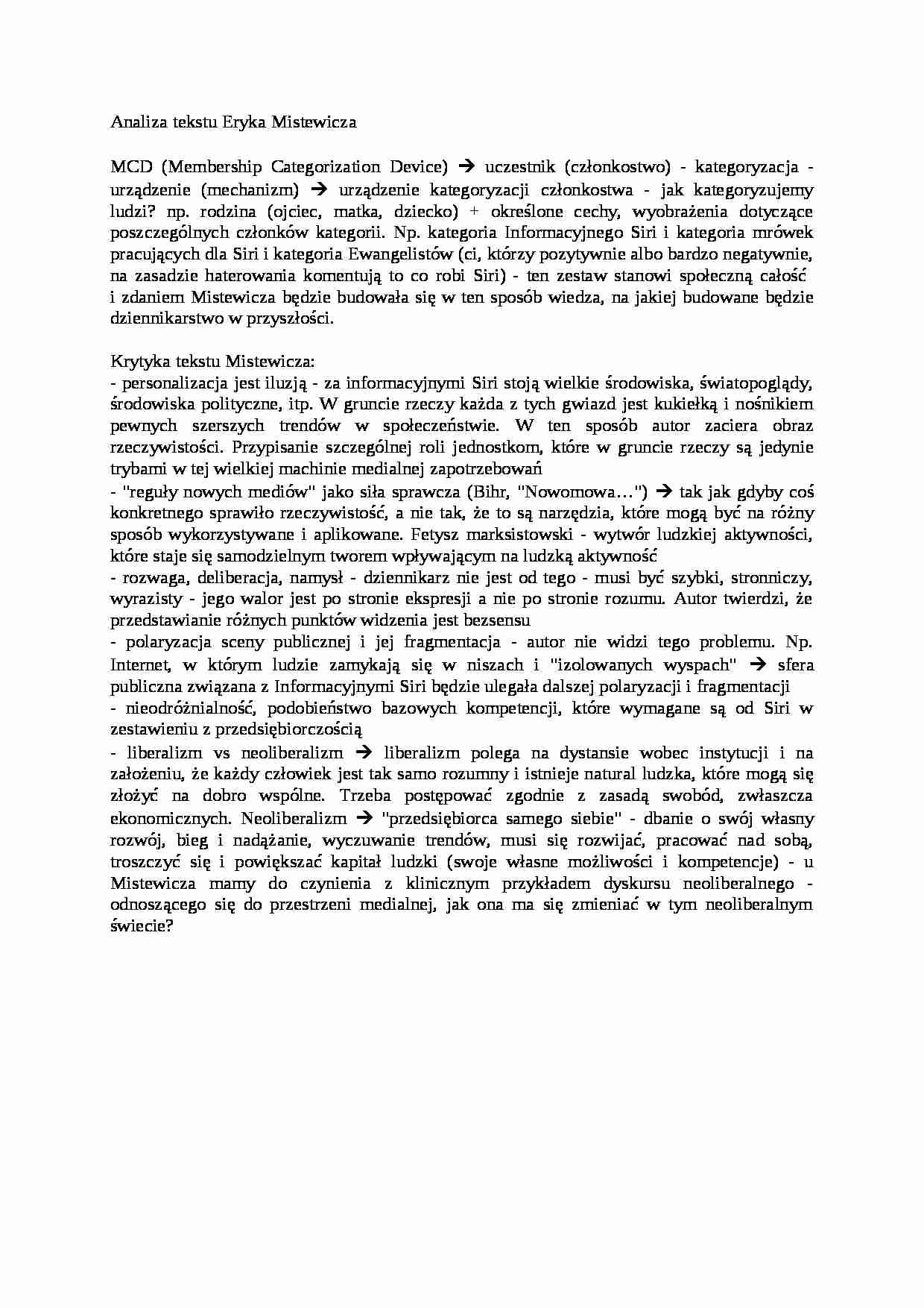 Analiza tekstu Eryka Mistewicza-opracowanie - strona 1