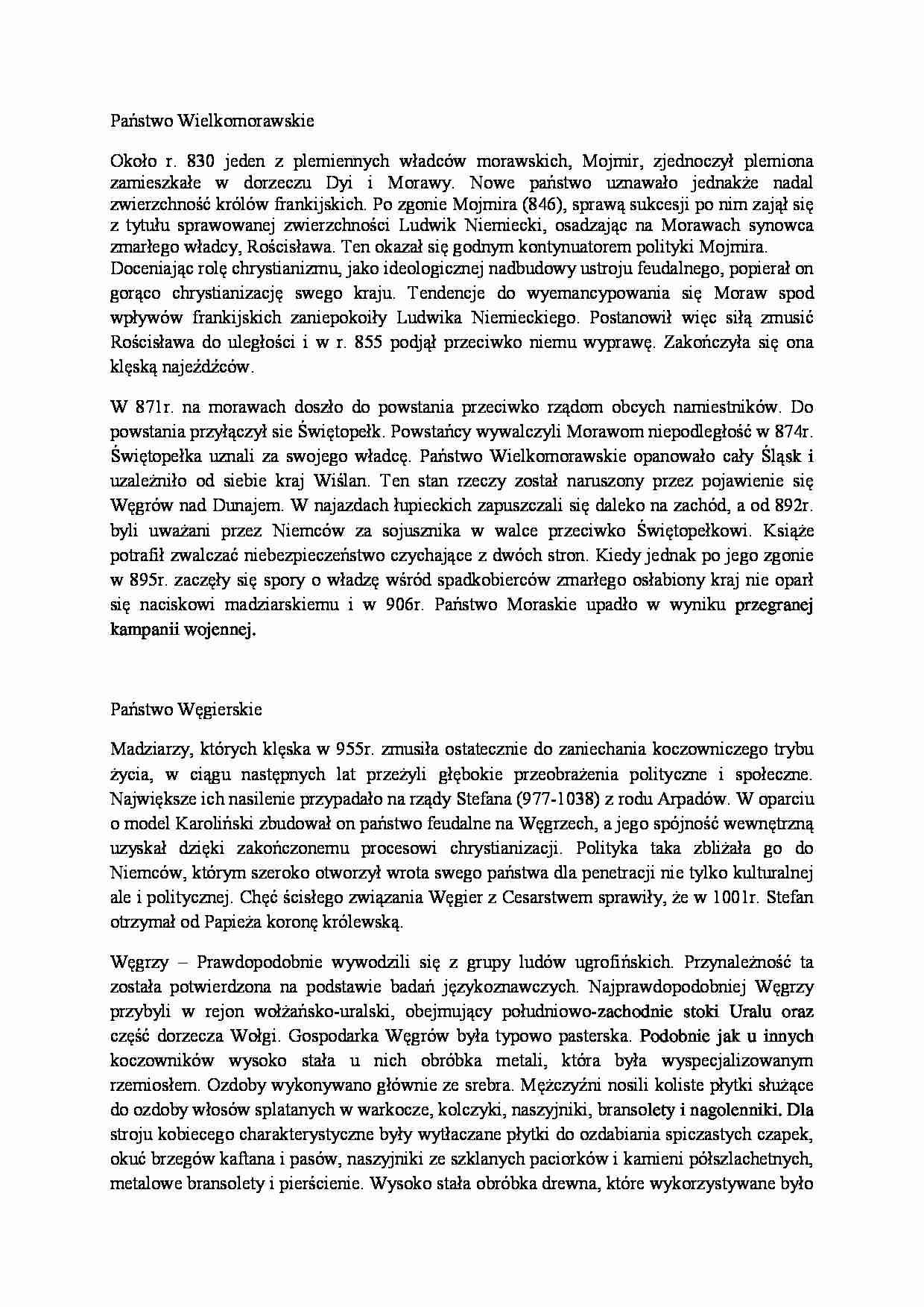 Państwo wielkomorawskie i węgierskie-opracowanie - strona 1