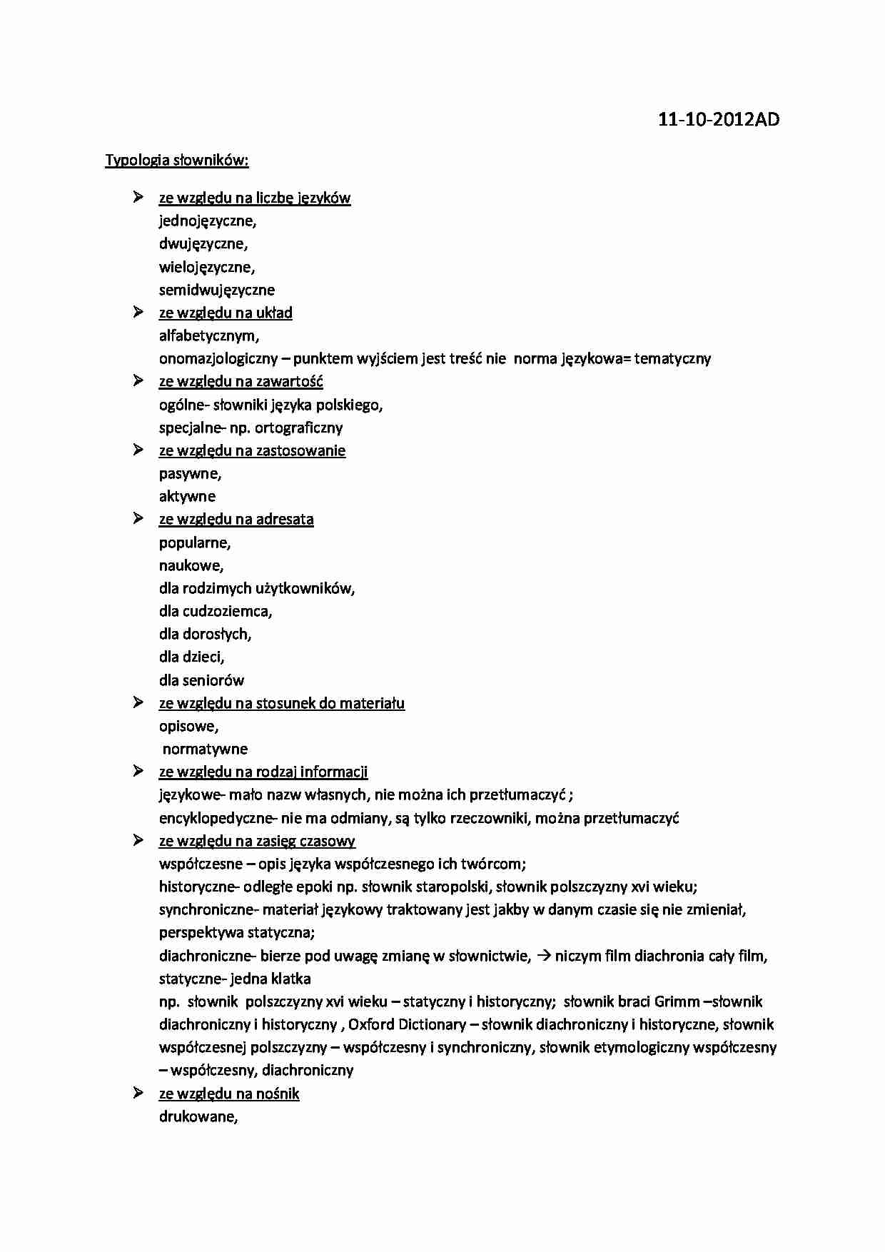 Typologia słowników - notatki z wykładu - strona 1