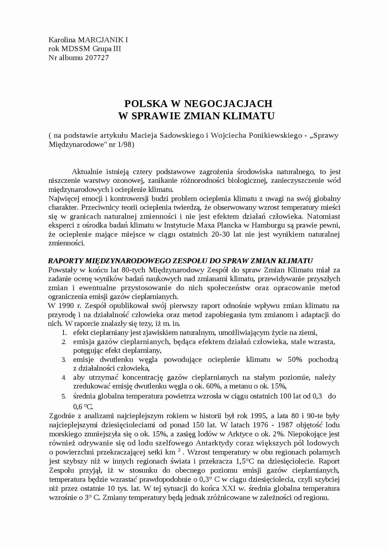 Referat - Polska w negocjacjach w sprawie zmian klimatu - strona 1