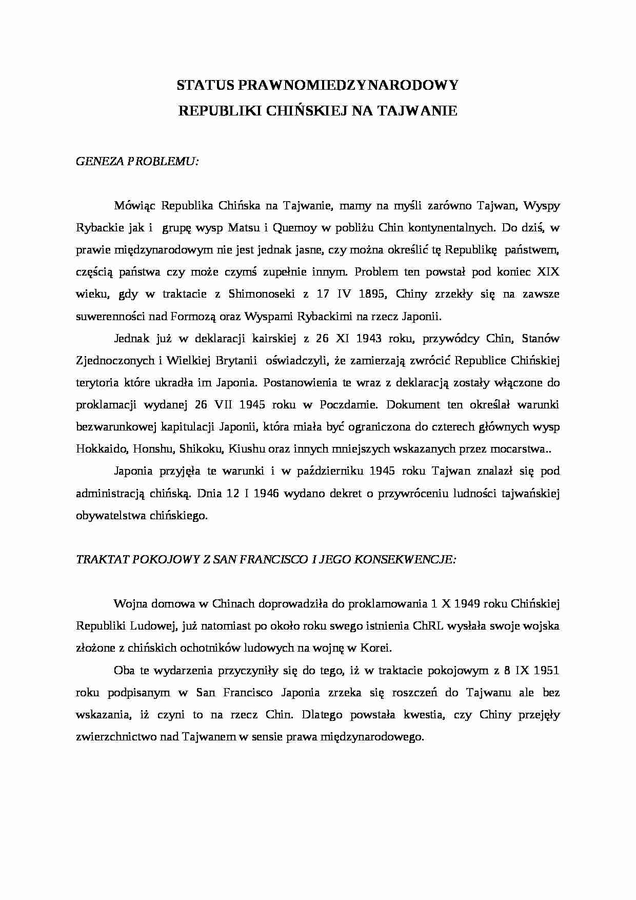 Referat - Status prawnomiędzynarodowy Tajwanu - strona 1
