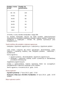 Zasady kwalifikacji na stopnia drugiego stopnia, Dziennikarstwo i komunikacja społeczna, Uniwersytet Warszawski,Warszawa. 
